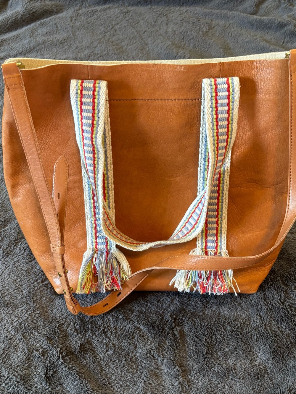 Madewell Tan Leather Tote with Multicolor Woven Straps